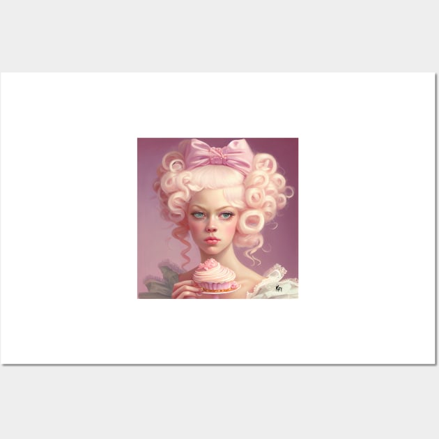 A young Marie Antoinette on pink with a sliding cupcake, Midjourney AI art Wall Art by KimTurner